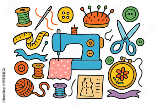 Colorful Sewing Doodles. Sewing. Colorful Hand-drawn doodle Children illustration Sewing sewing machine, needle, thread, scissors, fabric, pin, measuring tape,