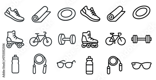 Fitness and exercise outline icons set – gym, sports, workout and training graphics