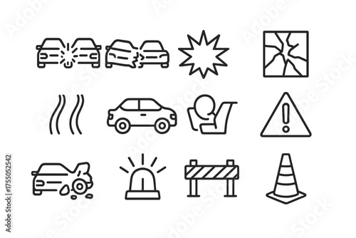 Car Crash Icons. Accident impact. Line icon set of Accident impact: car crash, two cars, impact explosion, broken glass, skid marks, crumpled vehicle, airbag,