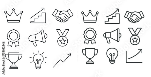 Business and success outline icons set – line, vector, achievement and growth symbols