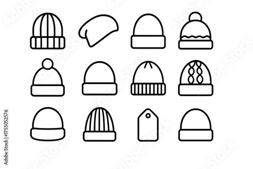 Beanie Icon Collection. Beanie collection. Line icon set of Beanie collection: knitted beanie, slouchy beanie, cuffed beanie, pom-pom beanie, folded beanie,