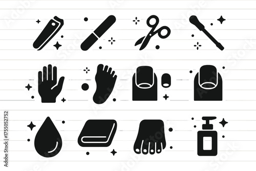 Nail Care Icons. Nail care. Solid icons set of Nail care: nail clipper, nail file, scissors, cuticle pusher, nail brush, hand, foot, fingernail, toenail,