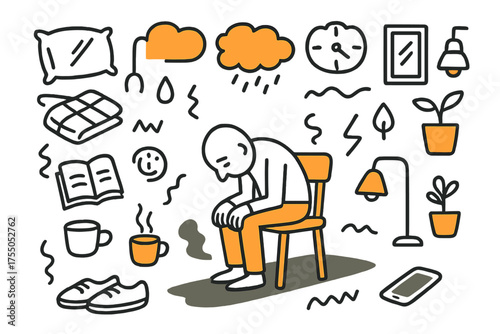Gloomy Doodle Scene. Sadness. Hand-drawn doodle illustration Person, head down, staring at floor, hunched posture, chair, shadow, thought bubble, hands on
