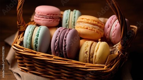  A basket brimming with vibrant-colored macaroons perched on top of a cloth-covered table, adjacent to a wooden one