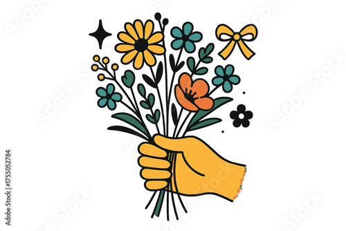 Glowing Wildflower Bouquet. Wildflower bouquet. Glowing hand holding a gathered bunch of meadow blooms. Floating icons of sparkle, ribbon, and flower