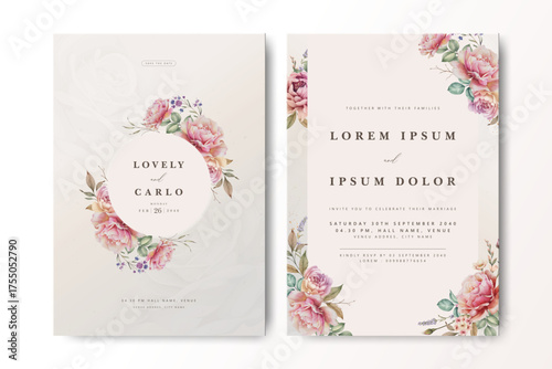 Elegant wedding invitation card design featuring soft pink roses and green leaves with a touch of delicate florals. Clean, minimal text layout on a soft pastel background, perfect for weddings and VIP