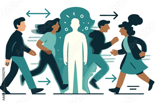 Glowing Solitude. Alone in crowd. Glowing figure standing with abstract floating light around, blurred people moving past with arrows emphasizing motion,