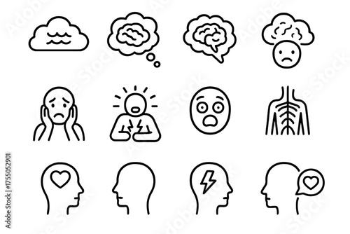 Anxiety Cloud Icons. anxiety cloud. Line icon set of anxiety cloud: cloud, thought bubble, brain, stress, worry, fear, anxiety attack, panicked face, nervous