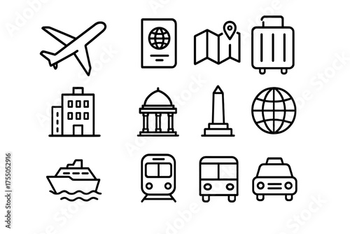 Travel Icon Set. travel and tourism. Line icon set of travel and tourism: airplane, passport, map, suitcase, hotel, landmark, monument, globe, cruise ship,