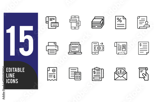 Set of 15 editable line icons representing finance, accounting, and business documents