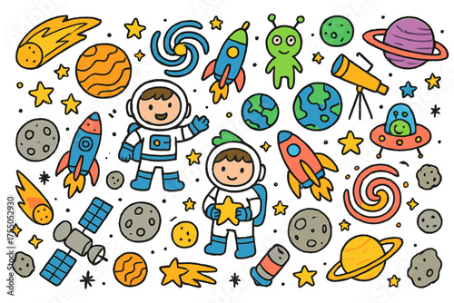 Colorful Space Doodles. Space. Colorful Hand-drawn doodle Children illustration in space, planets, stars, rockets, aliens, astronauts, galaxies, comets,