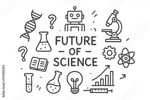 Future Science Doodles. Future of science. Hand-drawn doodle illustration future of science DNA strand, double helix, robot, microscope, test tube, flask,