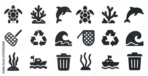 Marine conservation solid icons set – aquatic, eco-friendly, ocean symbols