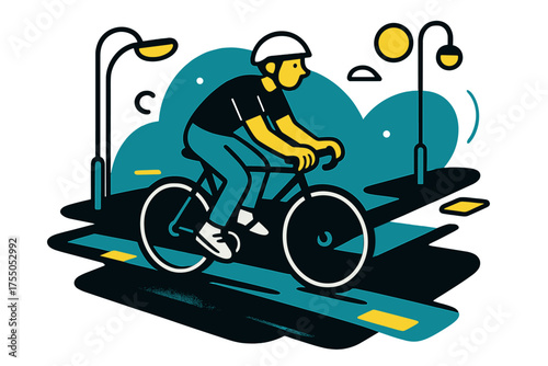 Nighttime Cycling Adventure. Night Cycling. Cyclist riding on illuminated bike lane, floating glowing lane markers and abstract street lamps, subtle