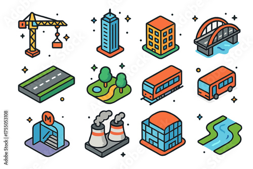 Urban Expansion Icons. Urban Expansion. Colorful isometric vector icons set of urban expansion: crane, skyscraper, apartment block, bridge, road, park, train,