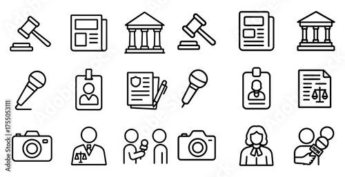Legal and journalism outline icons set – line, law, media and reporting symbols