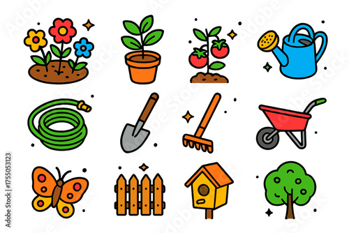 Colorful Garden Icons. Garden Design. Colorful isometric vector icons set of garden design: flower bed, potted plant, tomato plant, watering can, garden hose,