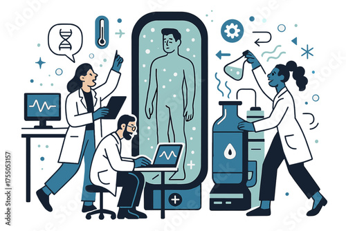 Futuristic Cryogenics Lab. Experiments in freezing human bodies for future generations, scientists working in lab, cryogenic chambers in background, futuristic