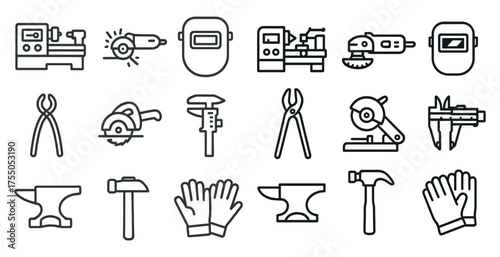 Industrial tools outline icons set – work, construction, diy