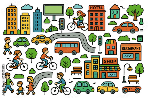Vibrant City Doodle. City. Colorful Hand-drawn doodle Children illustration skyscrapers, cars, buses, taxis, bicycles, pedestrians, roads, traffic lights,