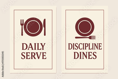 Modern Dining Banners. Restaurant. Two vertical A6 banners with safe margins, centered composition, no elements touching edges, modern minimal style, burgundy