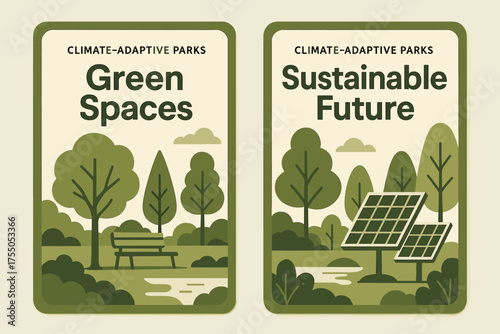 Green Spaces Future. Climate-Adaptive Parks. Two vertical A6 banners with safe margins, centered composition, no elements touching edges, modern, olive green