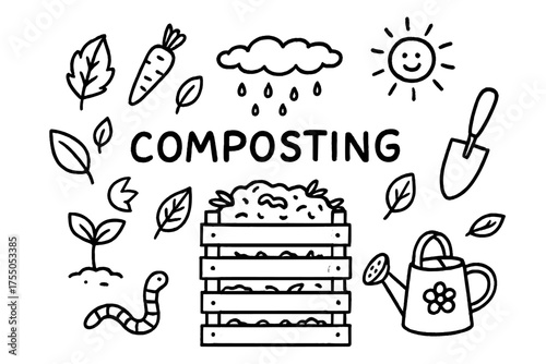 Composting Doodle Icons. Composting. Hand-drawn doodle illustration Composting compost pile basket shovel plant vegetable leaves watering can sun rain worm.