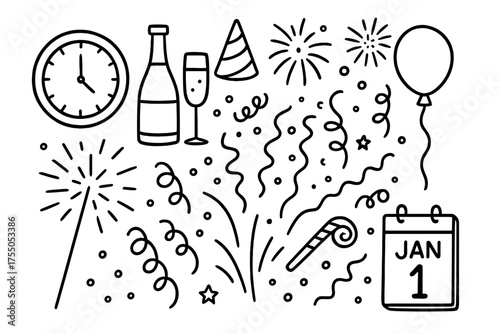 New Year Celebration Icons. New Year. Hand-drawn doodle illustration New Year clock champagne hat fireworks party confetti streamers sparkler noise maker