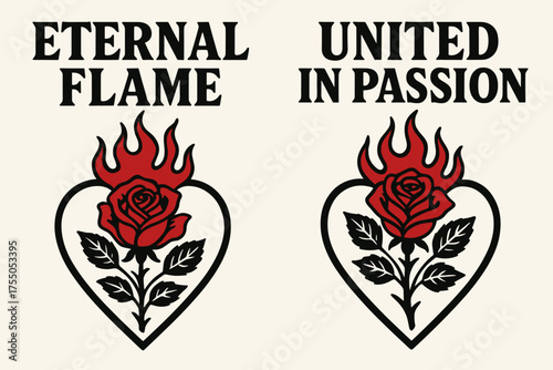 Eternal Flame Banners. Eternal flame. Two vertical A6 banners with safe margins, centered composition, no elements touching edges, bold, black and red, roses