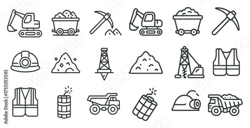 Mining and construction outline icons set – industrial, excavation, heavy machinery symbols