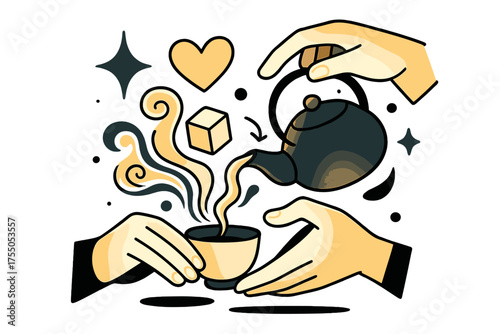 Mindful Tea Ceremony. Japanese tea ceremony. Glowing hands pouring tea into a ceramic cup with steam forming abstract swirls. Floating icons of sparkle, cube,