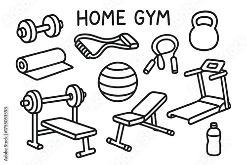 Home Gym Doodle. Home Gym. Hand-drawn doodle illustration Home Gym dumbbell resistance band yoga mat kettlebell jump rope stability ball treadmill bench press