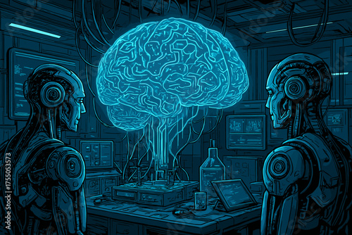 Futuristic Brain Lab. Robotic minds, wires and circuits forming a brain, futuristic laboratory with experiments and data analysis,