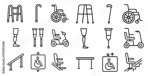 Disability support icons set - outline, linear, accessibility assistance symbols