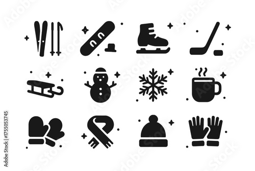 Winter Sports Icons. Winter Sports. Solid icons set of Winter Sports: skis, snowboard, ice skates, hockey stick, sled, snowman, snowflake, hot chocolate,