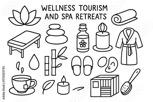 Spa Retreat Essentials. Wellness Tourism and Spa Retreats. Hand-drawn doodle illustration wellness tourism and spa retreats lotus flower, spa stones, towel,