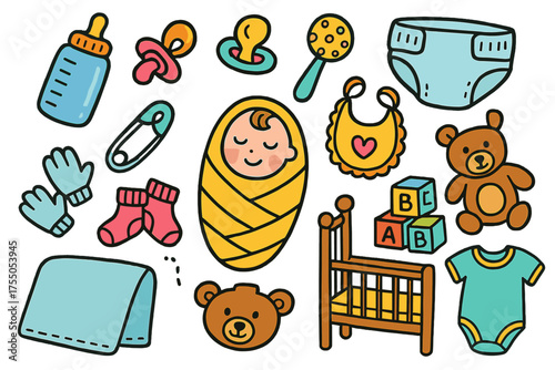 Colorful Baby Essentials. Newborn. Colorful Hand-drawn doodle Children illustration Baby bottle, swaddle, pacifier, rattle, diaper, bib, socks, mittens, safety