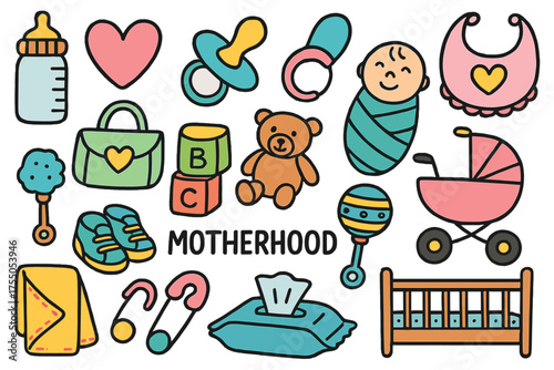 Motherhood Essentials. Motherhood. Colorful Hand-drawn doodle Children illustration Baby bottle, heart, pacifier, bib, stroller, blanket, diaper bag, rattle,