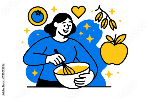 Wholesome Dessert Creation. Baking healthy desserts. A smiling character mixing ingredients in a bowl, floating icons of fruits, oats, and hearts glowing