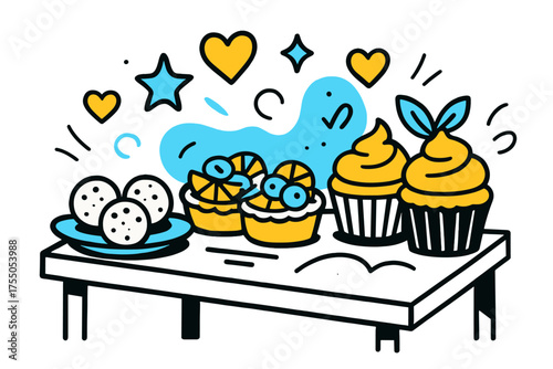 Healthy Dessert Delight. Dessert table. Neatly arranged healthy cupcakes, fruit tarts, and energy bites glowing on a table, abstract hearts and stars floating