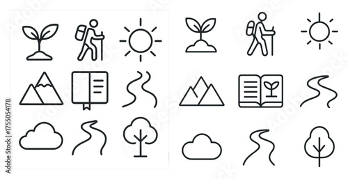 Outdoor and nature icons set – outline, linear, hiking and adventure symbols