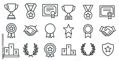 Achievement and award icons set – outline, linear, trophy and certificate symbols