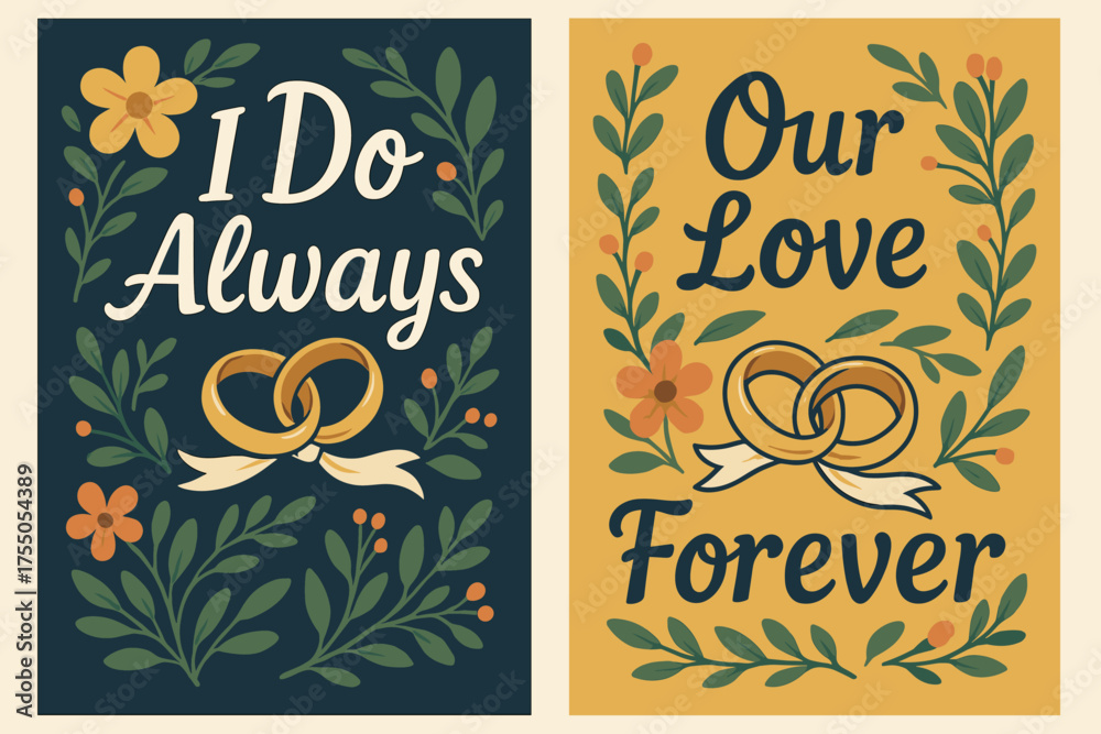 Fototapeta premium Wedding Vow Banners. Vows. Two vertical A6 banners, cartoon, navy and gold backgrounds, wedding rings with ribbon and floral accents, first banner with text
