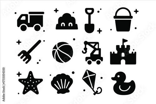 Children's Toy Icons. Children?s Toys. Solid icons set of Children?s Toys: Toy Truck, Mold, Shovel, Bucket, Rake, Ball, Toy Crane, Sandcastle, Starfish,