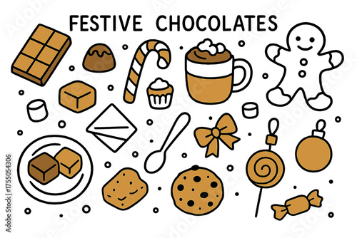 Festive Chocolate Delights. Festive Chocolates. Hand-drawn doodle illustration festive chocolates chocolate bar (accented), truffle, candy cane (accented),