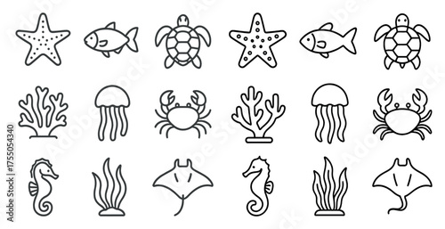 Marine life outline icons set – aquatic, sea creature, ocean symbols for design