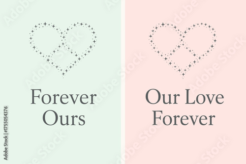 Infinity Heart Banners. Eternal. Two vertical A6 banners, minimal, pastel mint and pink backgrounds, elegant infinity heart made of tiny stars, first banner