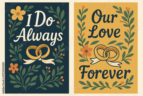 Wedding Vow Banners. Vows. Two vertical A6 banners, cartoon, navy and gold backgrounds, wedding rings with ribbon and floral accents, first banner with text "I
