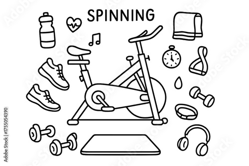 Spinning Essentials Icons. Spinning. Hand-drawn doodle illustration spinning indoor cycling bike, water bottle, towel, sneakers, heart rate monitor, music