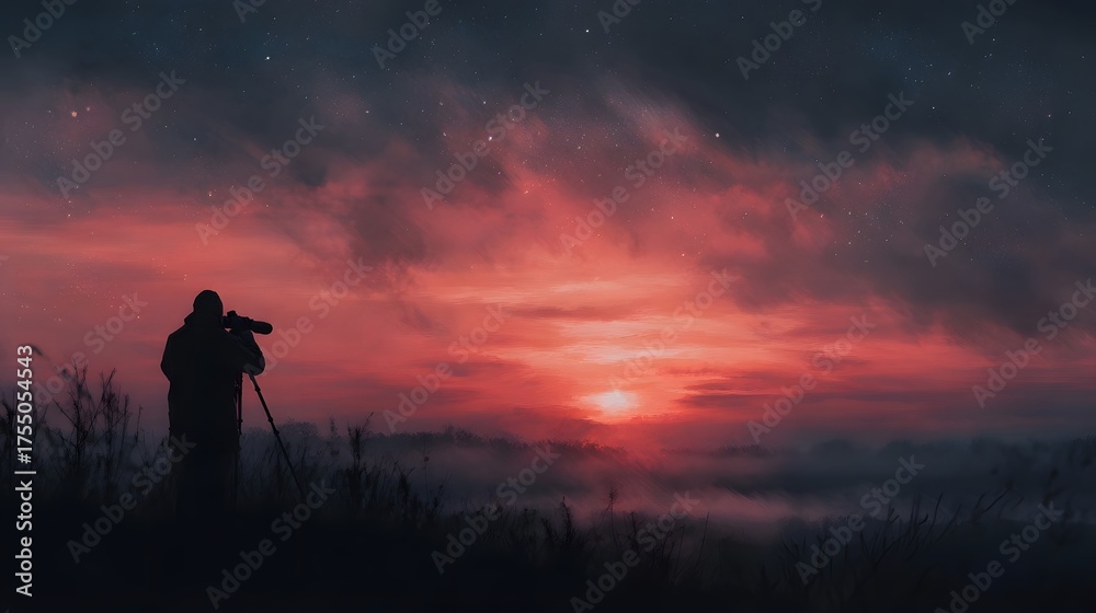 Fototapeta premium A silhouetted observer uses a telescope to watch the sunrise over a misty landscape under a dramatic colorful sky